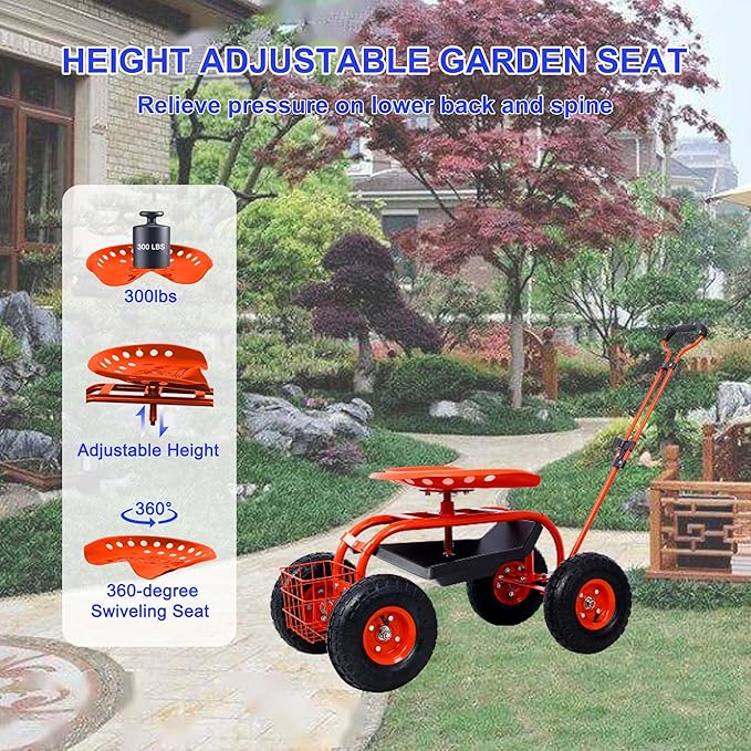 3-in-1 Garden Cart with Seat - Rolling Stool Adjustable Height Storage Tray &amp Utility Basket (Red)