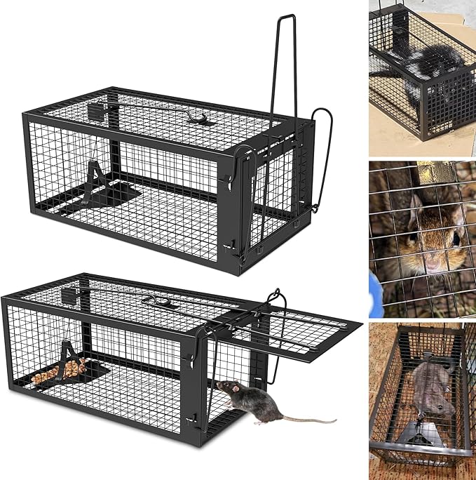 2 Packs Humane Rat Trap Outdoor Mouse Traps Indoor Use Rodent Chipmunk Traps for Small Live Animal Catch and Release - Black