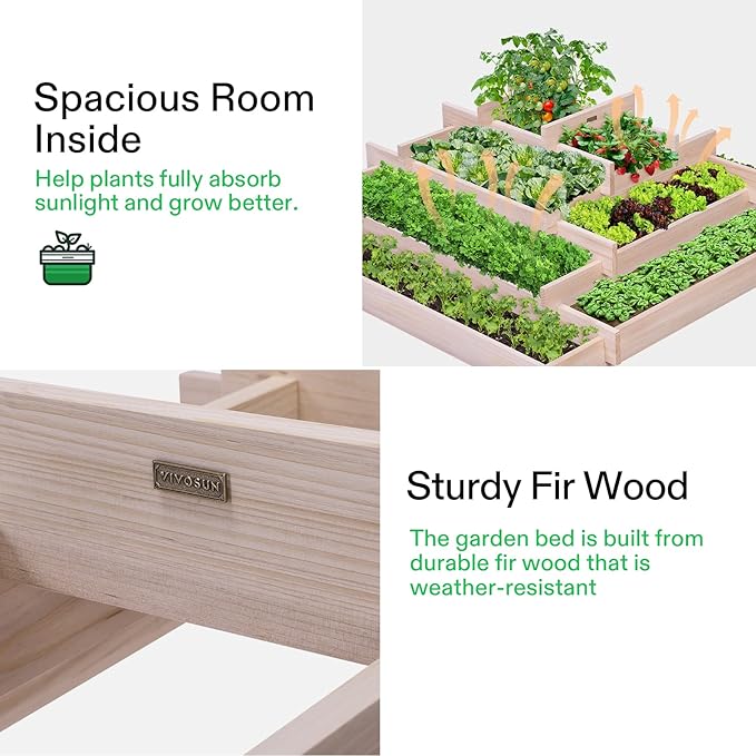 VIVOSUN 5-Tier Wooden Raised Garden Bed 42 x 42 x 14 Inches Outdoor Wood Planter Box with Gloves and Liner for Garden Patio Balcony Backyard and Outdoors