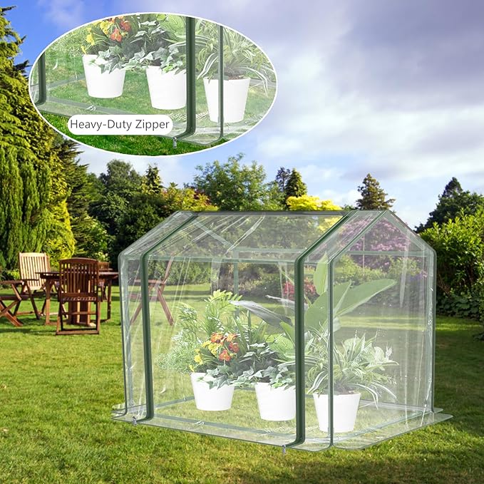 Esbaybulbs Mini Greenhouse with PVC Cover and Roll-Up Zipper Door 33.5'L x 23.2'W x 32.5'H Transparent Steel Frame Roll-Up Door Garden Greenhouse