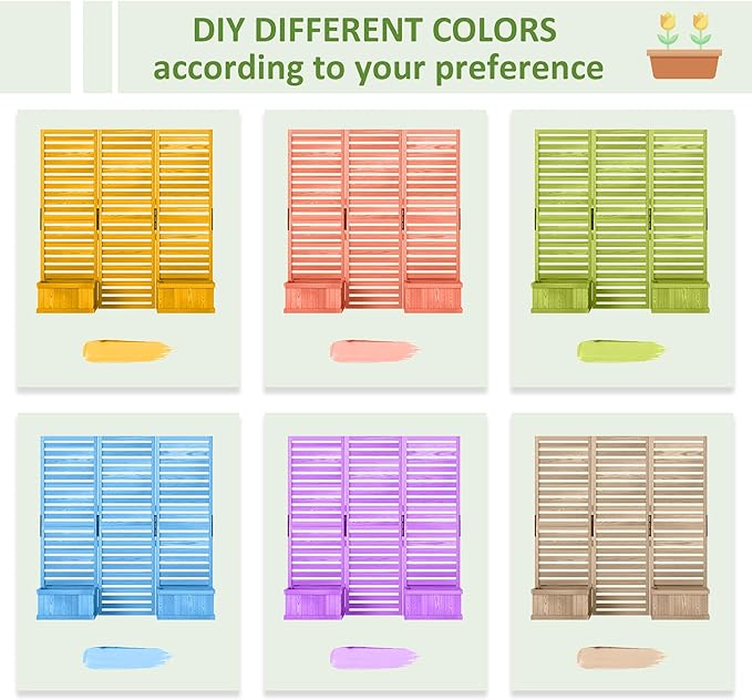 Outsunny Freestanding Outdoor Privacy Screen 4 Self-Draining Planters/Raised Garden Beds 3 Hinged Panels for Hot Tub Patio Backyard Deck Natural