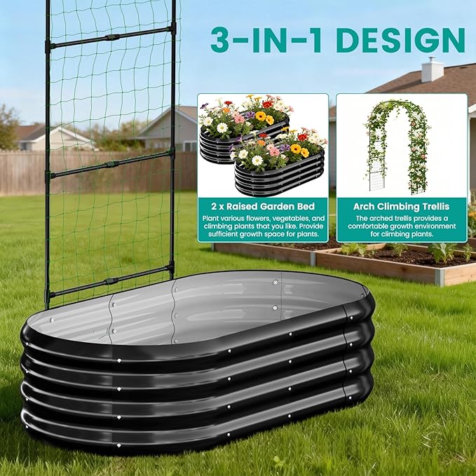 SUNYRISY Galvanized Raised Garden Bed with 87 H Arch Trellis for Climbing Plants Outdoor Metal Planter Box with Netting for Gardening Flowers Vegetables Fruit Herb Black
