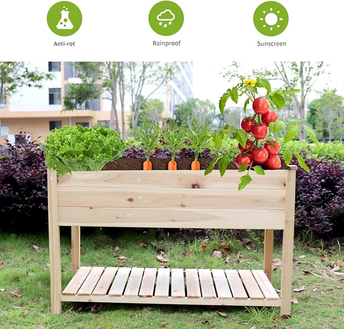 Raised Garden Bed Planter Box with Legs &amp Storage Shelf Wooden Elevated Vegetable Growing Bed for Flower/Herb/Backyard/Patio/Balcony 48.5x30x24.4in(colourless)