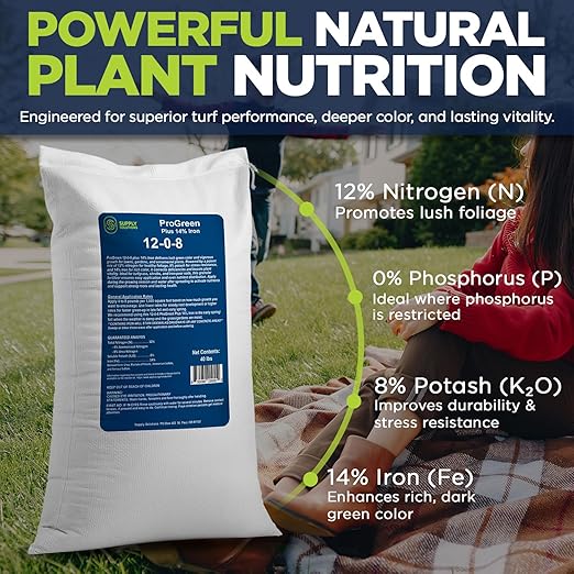 Supply Solutions | ProGreen 12-0-8 Plus 14% Iron | Granular Lawn and Garden Fertilizer - Plant Food Support for Deep Green Color and Stronger Roots - Perfect Spring Boost for Lawns (40 Pounds)