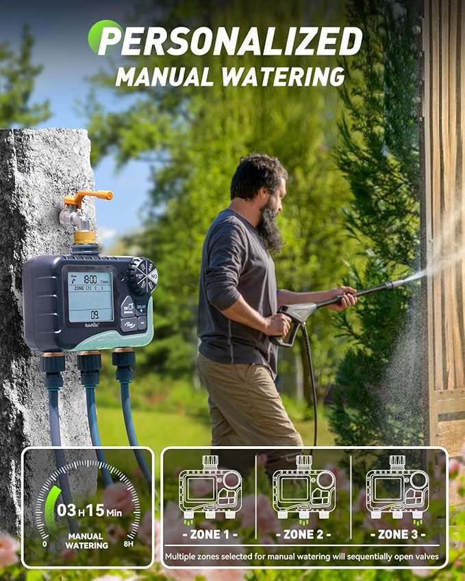 RAINPOINT 3 Zone Water Timer with Brass Inlet &amp Outlet 3 Custom Watering Plans Sprinkler Timer Featuring IP65 WaterproofRain Delay Manual &amp Automatic Watering with Large LCD for Yard 2026