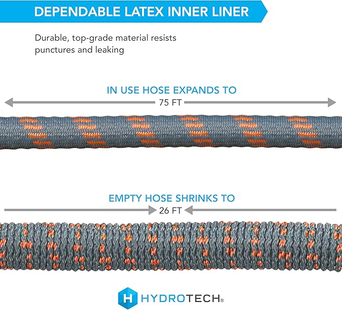 HydroTech 75 ft Expandable Garden Hose - Burst Proof &amp Lightweight Flexible Water Hose with Durable Reinfordced Latex Core &amp Solid Brass Fittings for Lawn Garden Car Washing