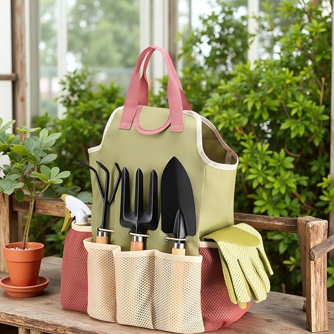 9 Pcs Hand Garden Tool Sets Gardening Gifts for Women &amp Men with Wooden Handles Includes Transplanter Hand Fork Hand Rake Trowel and Tote Bag