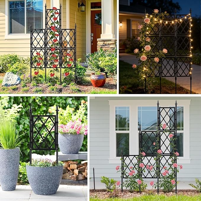 Garden Trellis Frame for Climbing Plants Outdoor | 65 Inch PE-Coated Metal Pipes &amp Plastic Grids Rose Wall Trellis | Rustproof Privacy Screen Plant Support Frame for Flowers Vines Vegetables Indoo
