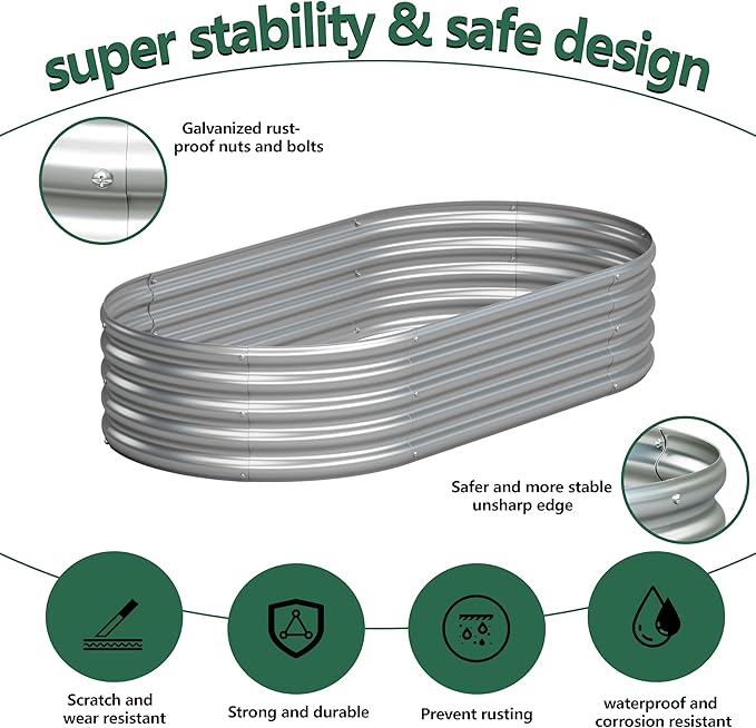 2PCS 4x2x1FT Galvanized Raised Garden Bed KitVegetable Boxes-Oval Metal Flower BoxLarge Planter Raised Beds Outdoor Garden for PlantingFruitHerb-Silver