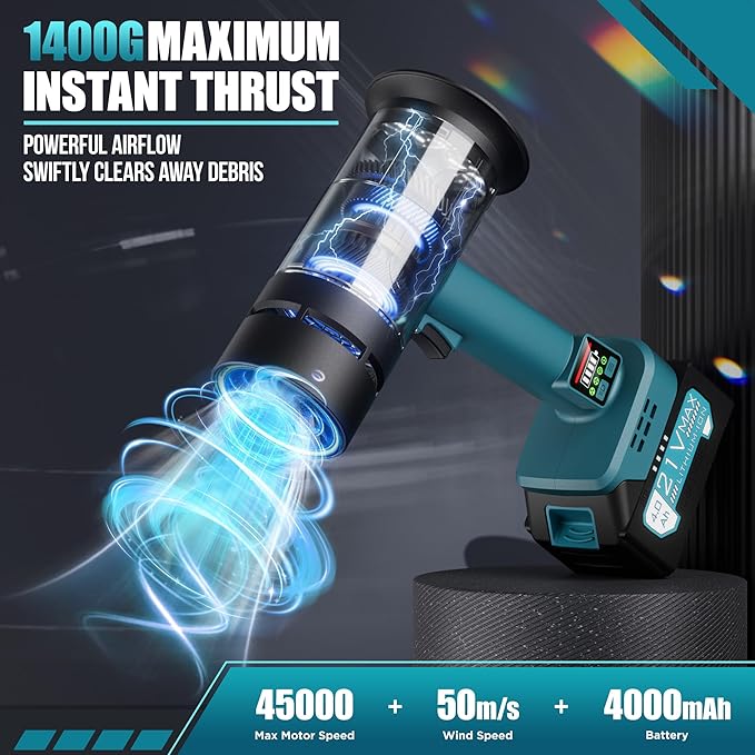 Hamos Powerful Car Dryer Air Blower 670CFM Airflow 4-Speed 4Lb Max Thrust 4.0Ah Battery and Charger 2 Extended Tube &amp LED Super Electric Leaf Blower for Car/Lawn/Garage/Patio/Yard (Black Blu