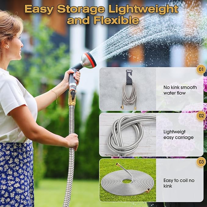 50FT Stainless Steel Metal Garden Hose - Lightweight Kink-Free &amp Tangle-Free Flexible with Brass Fittings On/Off Valve Pet Proof Puncture Proof for Yard RV Car Washing (Silver)