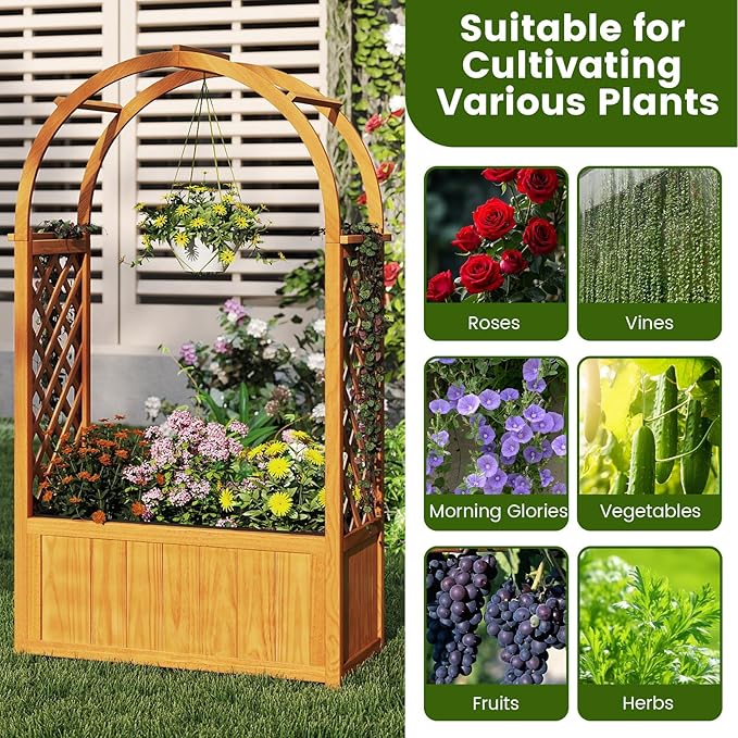 Giantex Raised Garden Bed with Arch Lattice Trellis for Climbing Vine Flower Vegetable Wood Planter Box with Liner &amp Drainage Design Outdoor Plant Container for Yard Balcony (33x15x57)