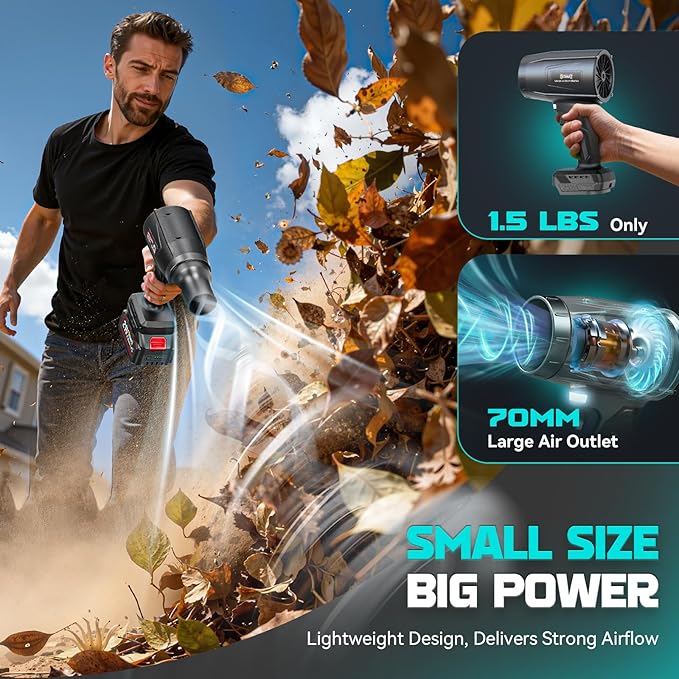 800000 RPM Cordless Leaf Blower with 2x4.0Ah Batteries Brushless Motor Adjustable Speed Lightweight Portable Electric Blower for Car Patio Garden &amp Indoor Cleaning 3 Nozzles Included