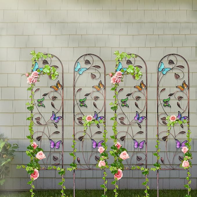 aboxoo Set of 4 Packs Butterfly Metal Garden Trellis for Climbing PlantsOutdoor Decorative Flowers Arch Fence Trellis for Outdoor PatioGardenLawnYardBackyardWall Brackets60'' H x 11'' W
