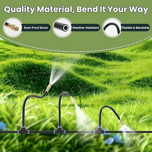 Automatic Drip Irrigation Kits - Garden Watering System with 360° Bendable Spray Adjustable Copper Atomizing Nozzles for Yard Lawn Raised Bed Greenhouse Potted Plants (15 Nozzles 50FT Hose)