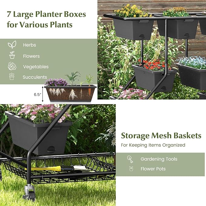 Giantex Rolling Raised Garden Bed w/ 7 Planter Boxes Storage Baskets Drainage Holes 4 Lockable Casters 3-Tier Freestanding Elevated Planter for Strawberry Vegetable Flower Herb