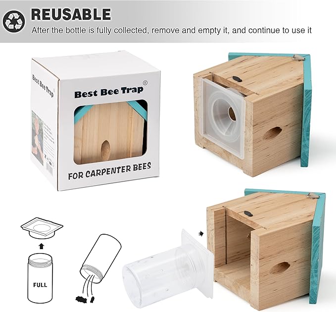Carpenter Bee Trap for Outside - Best Bee Trap - Blue Cabin Style Nature Hanging Wood Carpenter Bee Traps Outdoor - Insect Traps with Removable Vault (4 Pack)