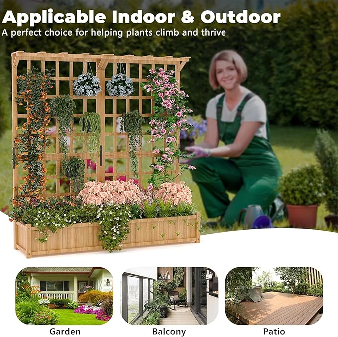 Raised Garden Bed 63 Elevated Wooden Planter Box with Lattice Trellis Wooden Planter Box with Hanging Roof &amp Drainage Holes for Vine Climbing Plants Flower Herb &amp Vegetable