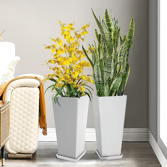 Set of 2 Tall Planters 24 Large Indoor Outdoor Flower Pots with Tray Modern Tapered Planters for Porch Patio Garden Backyard(White)