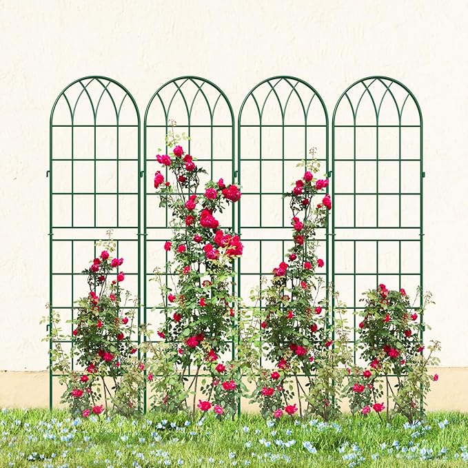 DoCred 4 Pack Garden Trellis for Climbing Plants 59 Inch Metal Plant Trellis for Plant Support Large Decorative Outdoor Trellis for Climbing Vegetable Flower Rose Vine Cucumber Green