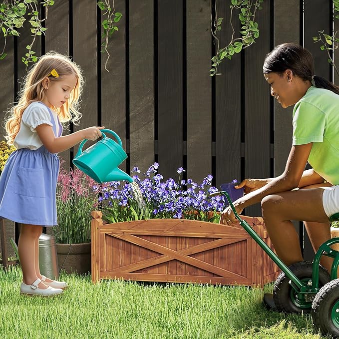 2 Pcs Raised Garden Bed 36”L x 16”W x 15”H Wooden Planter Boxes w/Drainage Holes &amp Removable Base Rectangular Garden Bed for Flowers Herbs Vegetables Fruits Patio Balcony Yard