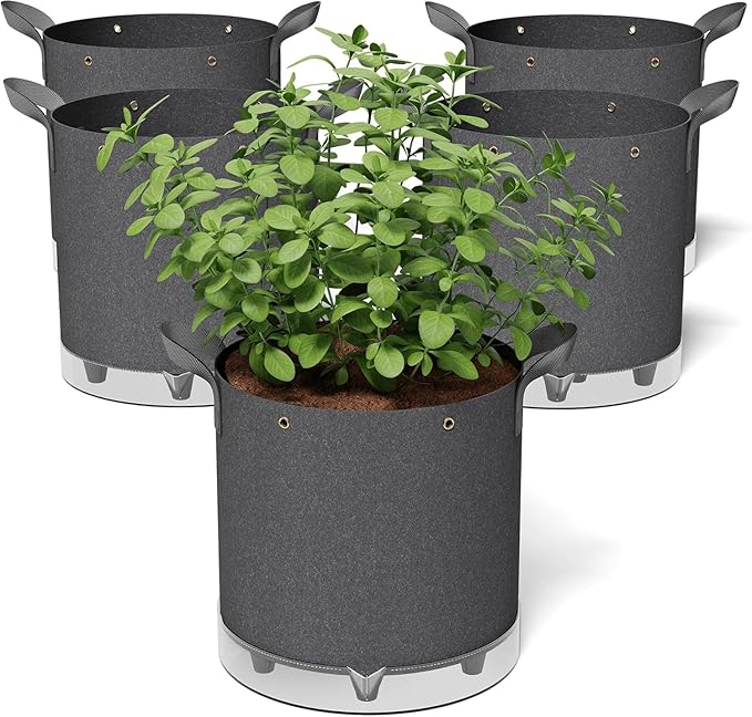 Self-Watering Grow Bags 5-Pack 10 Gallon 420G Thick Nonwoven Fabric Pots with Reinforced Handles and Multi-Purpose Rings for Low Stress Plant Training Fruits Vegetablesand Flowers