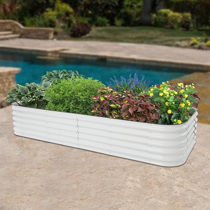 White Raised Garden Bed Kit 112” 14-in-1Metal Planter Box Aluminum-Zinc Plated Steel Planter Box for Outdoor Plants Vegetables Flowers &amp Herbs (Large)