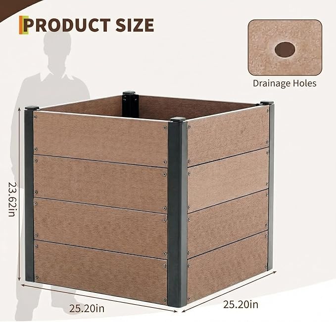 Wood Raised Garden Bed 25x25x23 in Tall Outdoor Planter Box with Bottom Deep Root Elevated Garden Bed for Vegetables Herbs Flowers All-Weather Composite Rectangle Planter for Patio Backyard