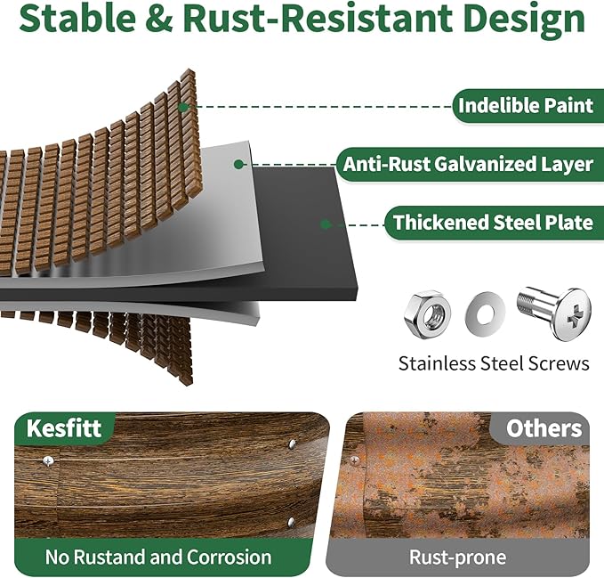 Kesfitt Round Metal Raised Garden Bed 2x2x1 FT 12-Inch Deep Galvanized Steel Garden Bed with Open Bottom for Vegetables &amp Herbs Walnut Finish 3 Pack