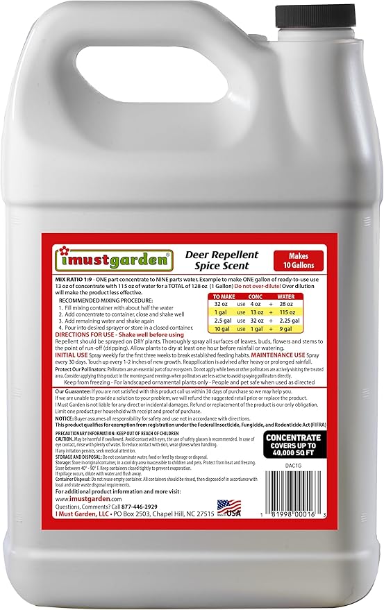 I Must Garden Deer Repellent Concentrate – 1 Gallon: Spice Scent Deer Spray for Plants – Natural Ingredients - Makes 10 Gallons Covers 40000 sq. ft.