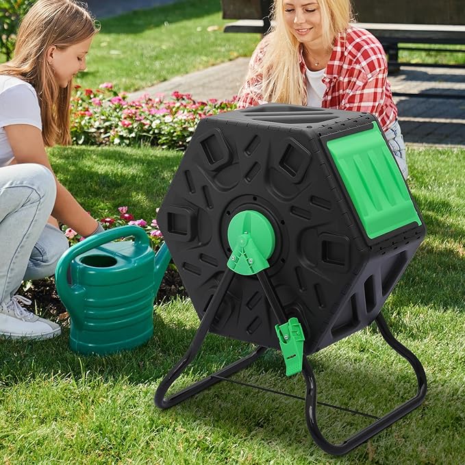 MoNiBloom 17 Gallon Single Compost Tumbler BPA Free Outdoor Light Weight Compost Bin w/Sliding Door All-Season Fast Working Rotating Chamber Composters for Garden Patio