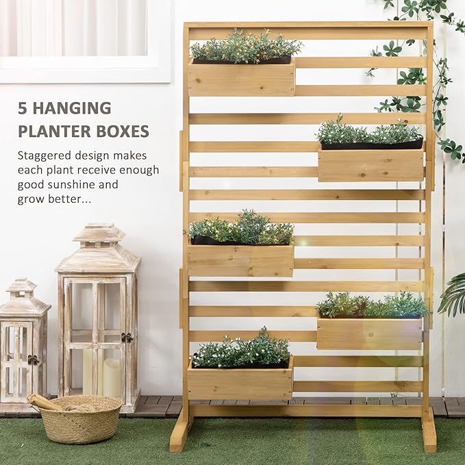 Natural Wood 5-Tier Vertical Plant Trellis Stand – Freestanding Outdoor Planter with 5 Hanging Boxes for Patio Garden Balcony (36.5 W x 59 H)