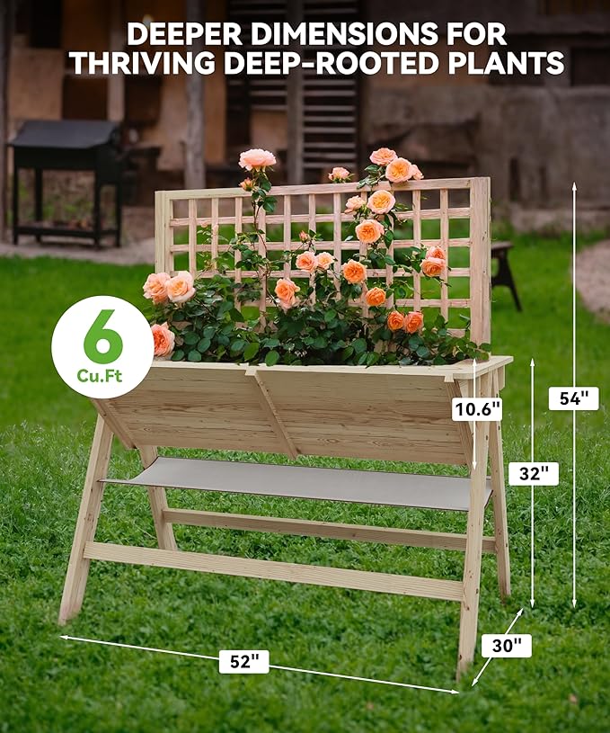 GarveeHome 52x30x54 in Raised Garden Bed with Legs Elevated Wooden Raised Planter Box with Vine Climbing Trellis Outdoor Standing Growing Bed for Growing Vegetables Flowers Herbs