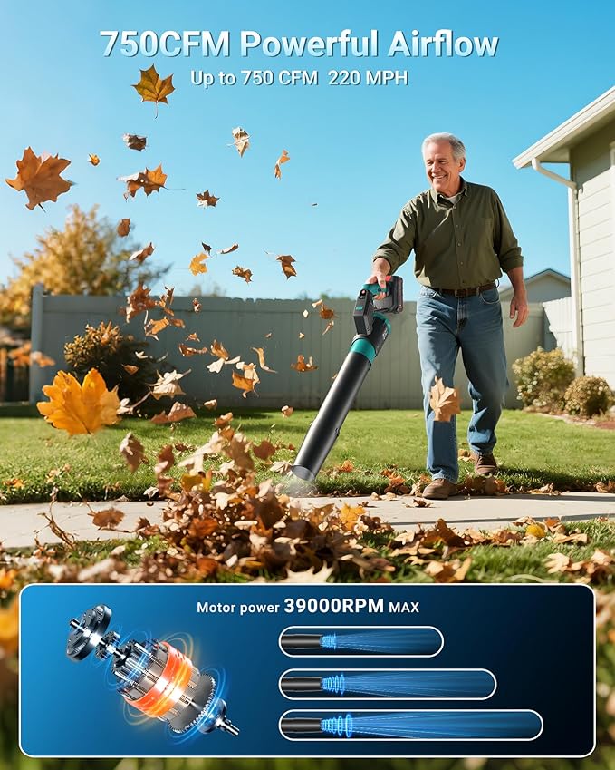 5.2Ah Cordless Leaf Blower 750 CFM 220 MPH with 2 Pack Batteries Powered Electric Leaf Blower Christmas Garden Tools for Lawn Care Yard Patio Garage