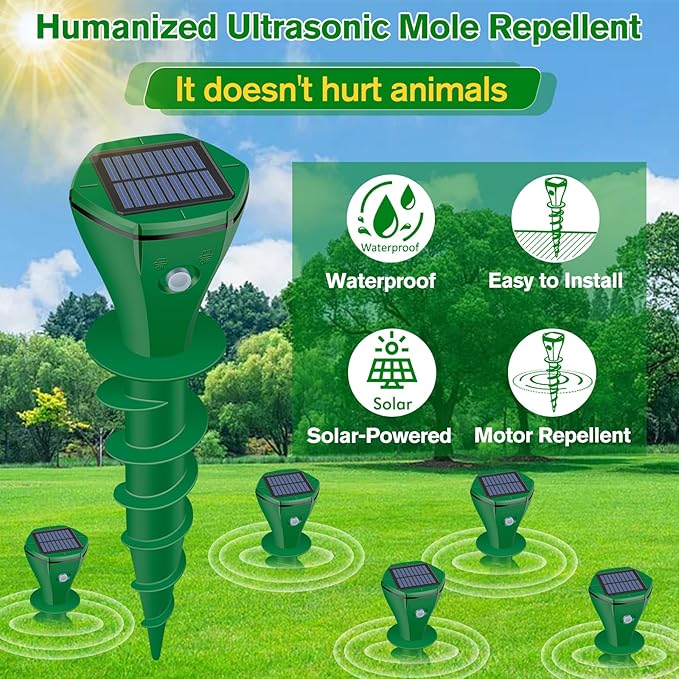Mole Repellent Solar Powered UltrasonicDeer Repellent DevicesGopher Trap Groundhog RepellerSonic Spikes Get Rid of All Pests Vole ChipmunkCatSkunkSnakeMole Trap for Lawn Garden Yard (4P)