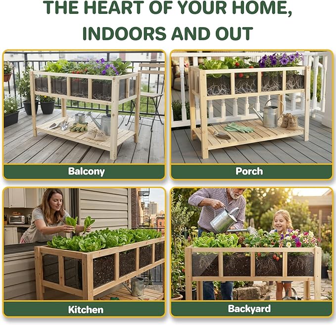 Raised Garden Bed Outdoor with Shelf 43.7''x23.2''x30.7''Wood Planter Box with Transparent Window Drainage Holes Liner Garden Beds Flower Stand for Balcony Kitchen Gift for Gardening