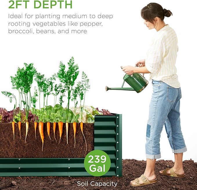 Best Choice Products 8x2x2ft Raised Outdoor Metal Garden Bed Deep Root Box Planter for Vegetables Flowers Herbs 240 Gallon Capacity 100% Non Toxic Materials - Dark Green