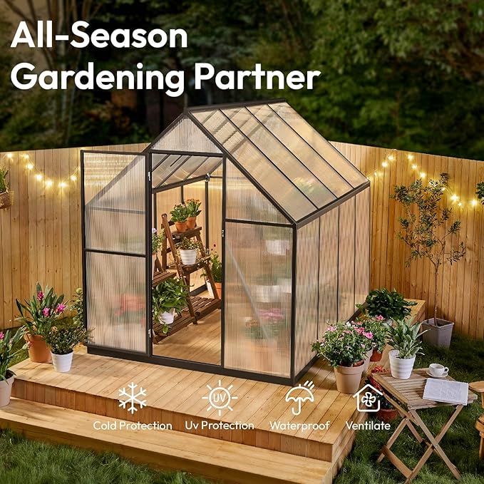 VIWAT 6x7.5 FT Greenhouse for Outdoors Polycarbonate Greenhouse with Quick Setup Structure and Roof Vent Aluminum Large Walk-in Green House for Outside Garden Backyard Black