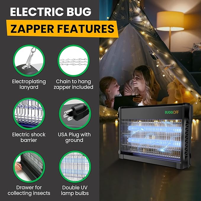 BUGGOFF Black Modern Indoor Electric Bug Zapper 800 SQFT Coverage 3500 Volts of Stunning Power 20 Watts Kills Mosquitos Gnats Flys &amp More. 5 Year Warranty X2 Free Replacment Bulb (4 Pack)