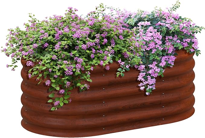3.5' x 2' x 1.4' Galvanized Raised Garden Bed Kit Outdoor Metal Elevated Planter Box with Safety Edging Easy DIY Stock Tank for Growing Flowers Herbs Vegetables Brown