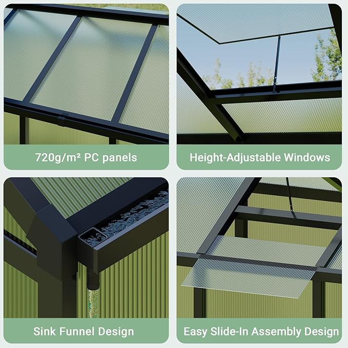 6x8 ft Outdoor Polycarbonate Greenhouse Durable Aluminum Frame with Lockable Door Adjustable Roof Vent Ideal for Backyard Patio or Garden All-Weather Green Houses for Outside Plant Growing