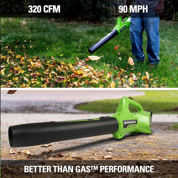 Greenworks 24V (90 MPH / 320 CFM / 200+ Compatible Tools) Cordless Axial Leaf Blower Battery and Charger Not Included