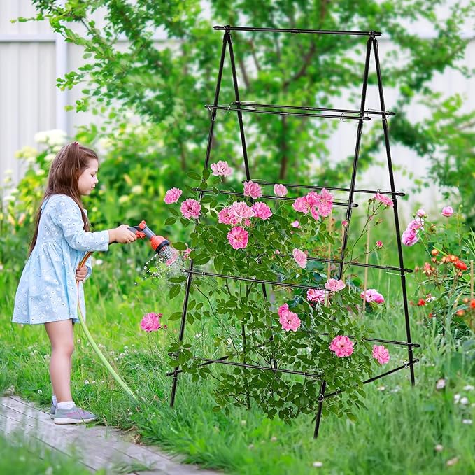 Garden Trellis for Climbing Plants 71 H x 32 W Metal A-Frame Cucumber Trellis Outdoor Fruits Watermelon Plants Vegetable Tomato Squash Peas Beans with Netting Black