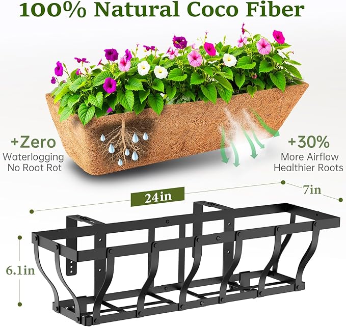 Railing Planter Boxes Heavy Duty Window Box Planters Adjustable Balcony Planters for Railing Hanging with Coco Liner &amp Support Rod for Deck Porch and Patio Gardening (2 Pack 24 Inch)