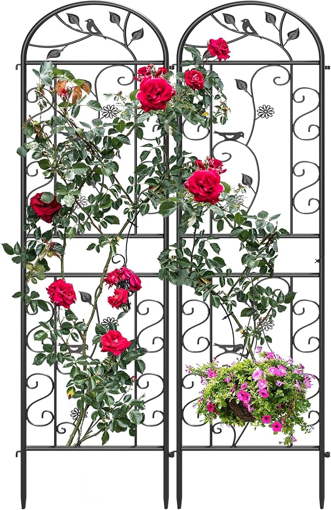 2 Pack 87x20in Garden Trellises Daisy &amp Bird Black Metal Coated Rustproof Trellis for Climbing Plants Outdoor Roses Vegetables Vines Cucumbers