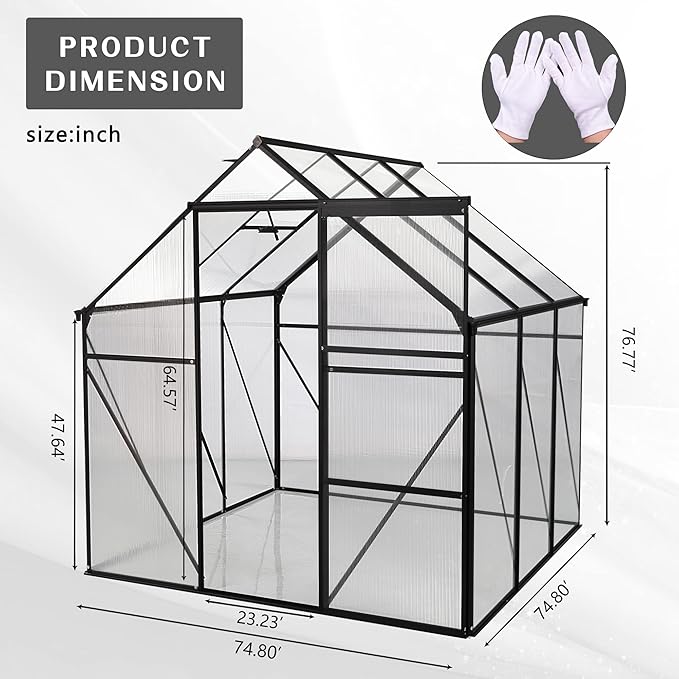 6 x 10FT Outdoor Patio Greenhouse Walk-in Polycarbonate Greenhouse Adjustable Roof Vent &amp Rain Gutter for Plants&ampFlowers Garden Backyard (Green-6 x 10 FT)