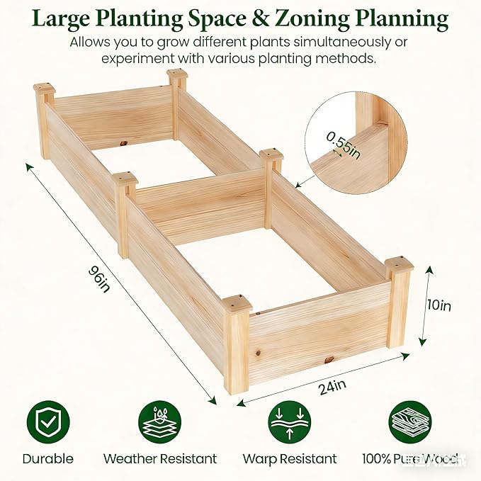 MIXC 8×2ft Wooden Horticulture Raised Garden Bed Divisible Elevated Planting Planter Box for Flowers/Vegetables/Herbs in Backyard/Patio Outdoor Natural Wood