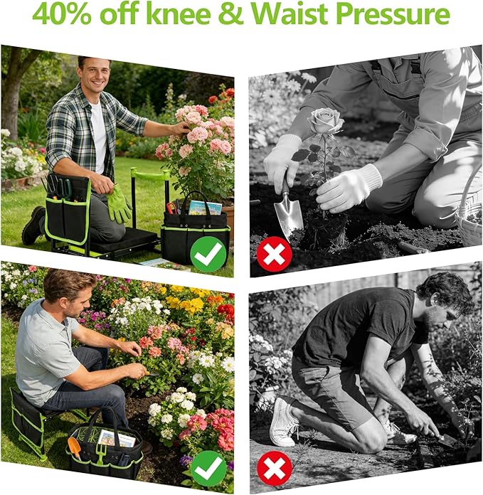 Garden Kneeler and Seat Heavy Duty Gardening Stool with 1.8 Thick Detachable Kneeling Pad Foldable Bench Chair with 2 Tool Pouches for Knee &amp Back Pain Relief for Women Men Seniors (Green)
