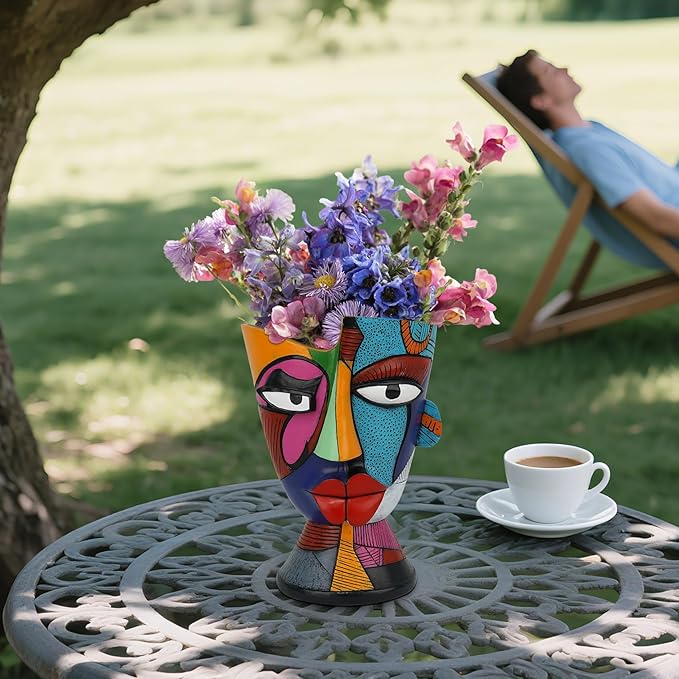 Abstract Face Planters Pots Head 7.8 Inch with Drainage - Decorative Plant Pots Retro Rainbow Design Cute Unique Planter for Succulents/Snake Plants/Cactus Indoor &amp Outdoor