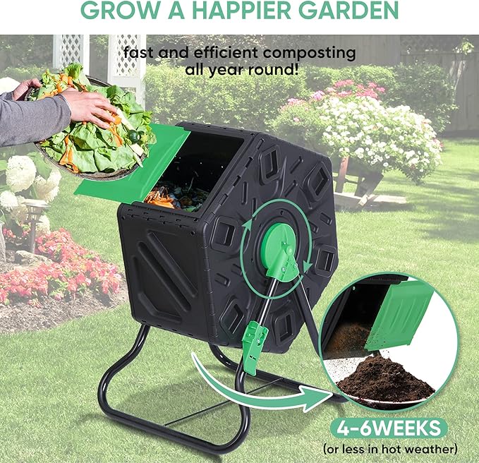 Compost Bin Tumbling Composter Rotating w/Sliding Doors Compost Bin Single Chamber Heavy Duty Outdoor Gardening Composting Tumblers Garden Yard (18.5 Gallon Black)